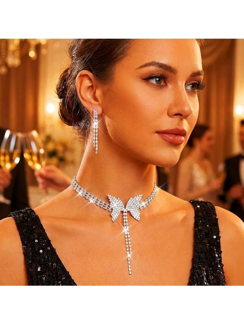 Crystal Bow Butterfly Pendant Choker Necklace and Earrings Set - Silver